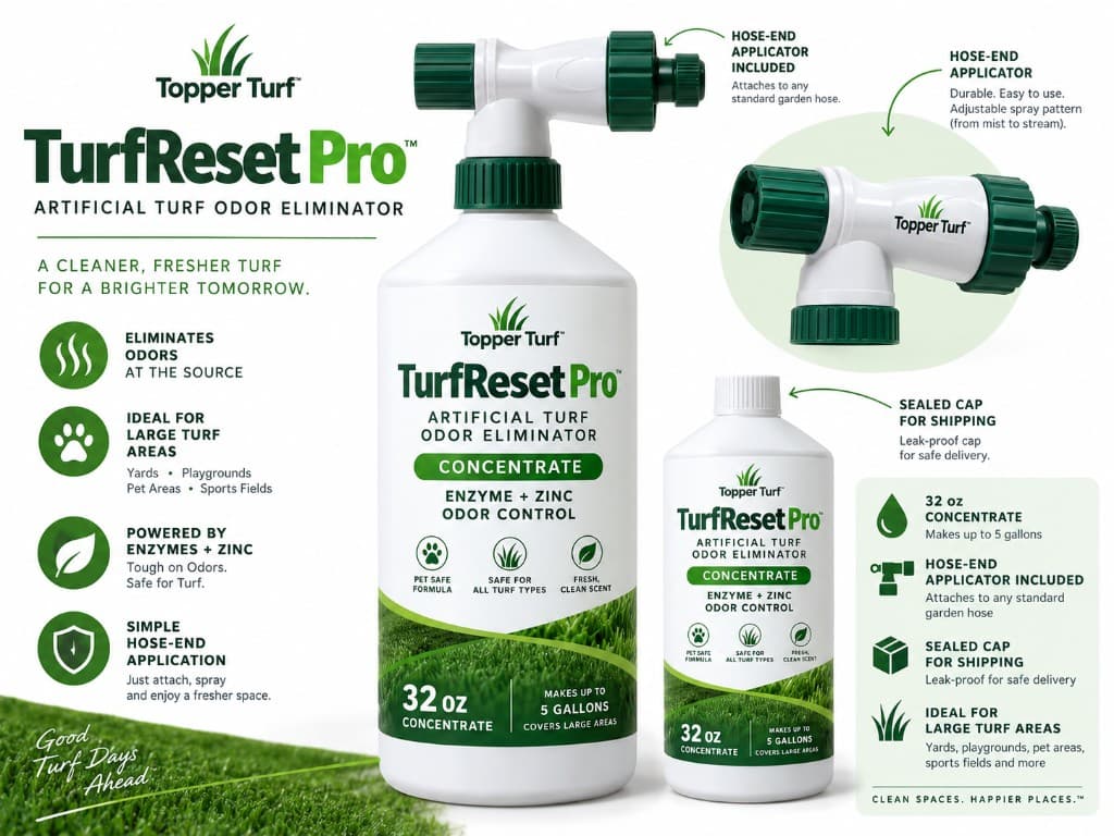 TurfReset Pro 32 oz concentrate with hose-end applicator — artificial turf odor eliminator from Topper Turf